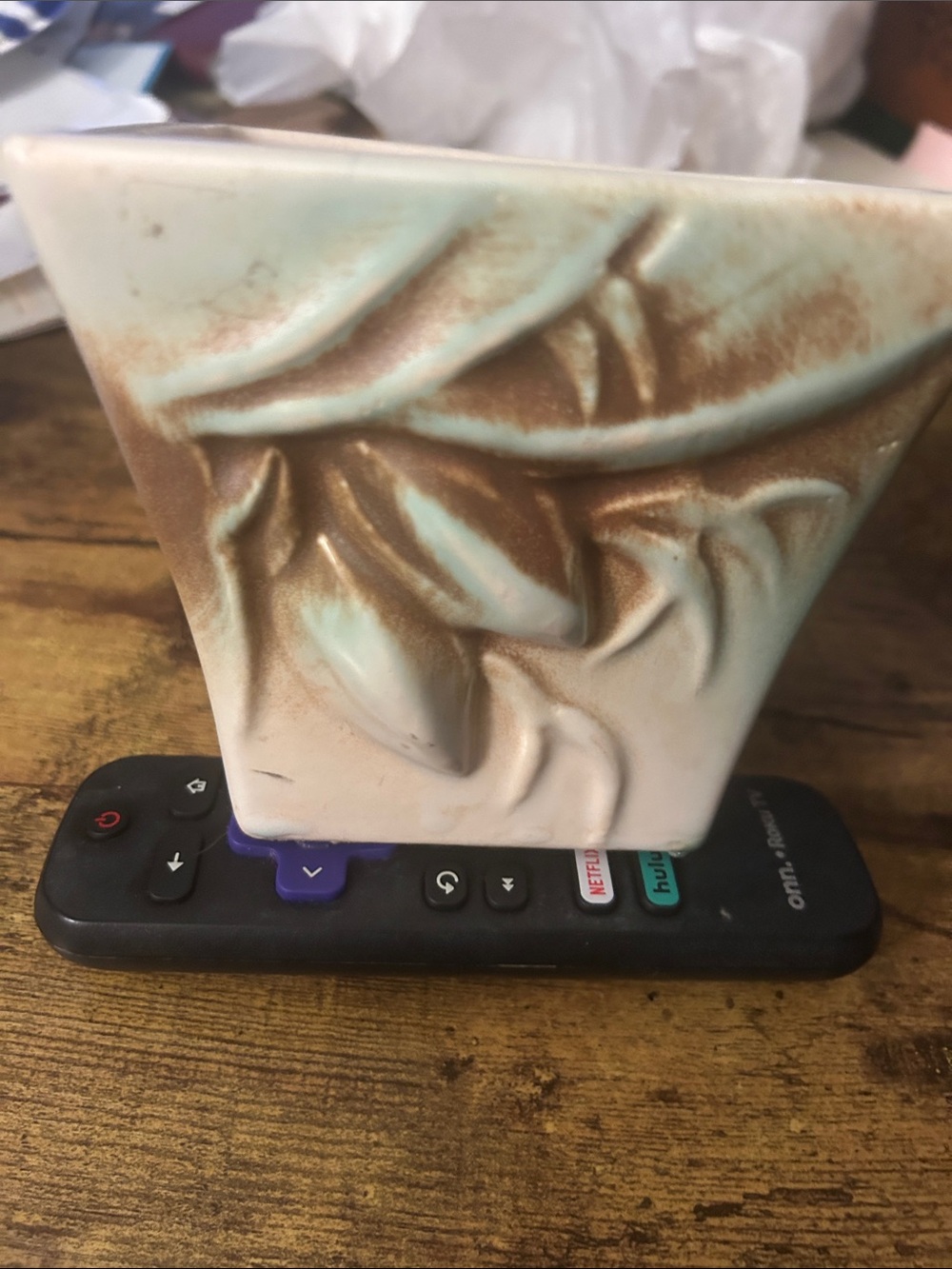 Textured Ceramic Planter in Cream and Brown with Aqua Accents